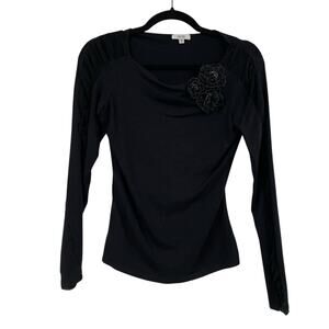 Cache Black Ruched Long Sleeve Blouse Womens S Scoop Neck Rosettes Whimsigoth